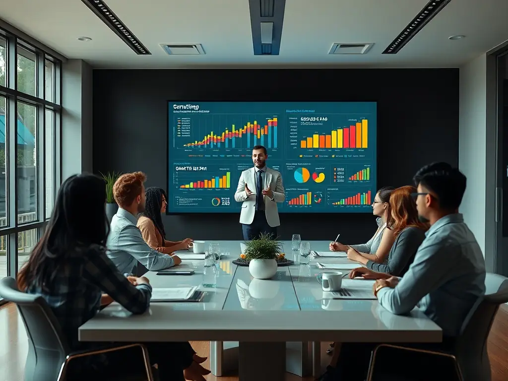 Consultant presenting a growth strategy to a startup team in a modern conference room.