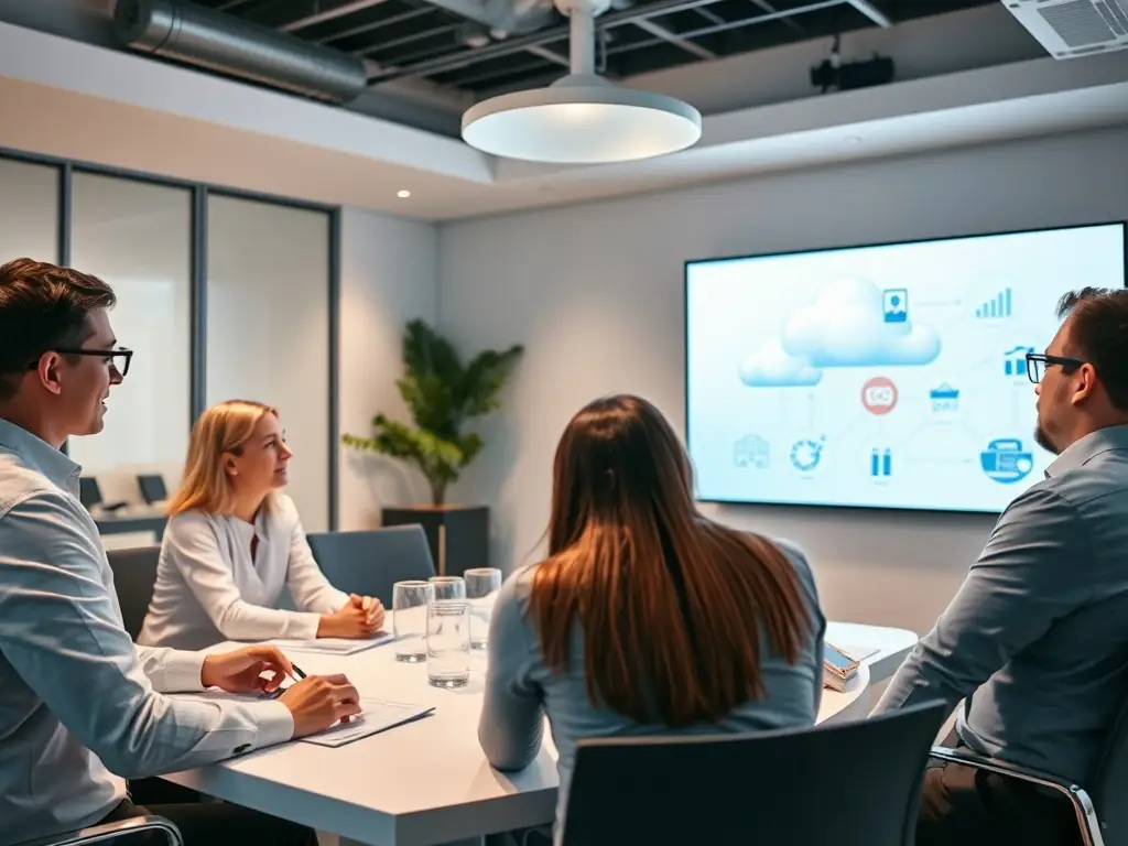 Consultants brainstorming in a conference room with cloud technology visuals.