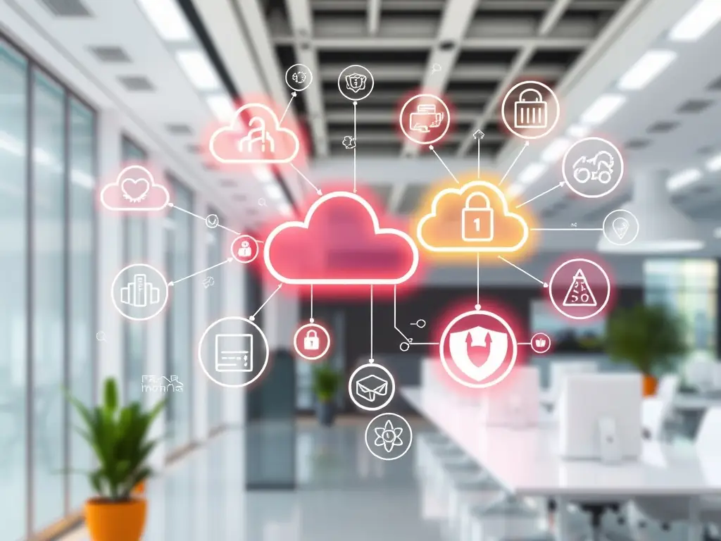 Digital transformation process with cloud technology icons in a modern office setting.