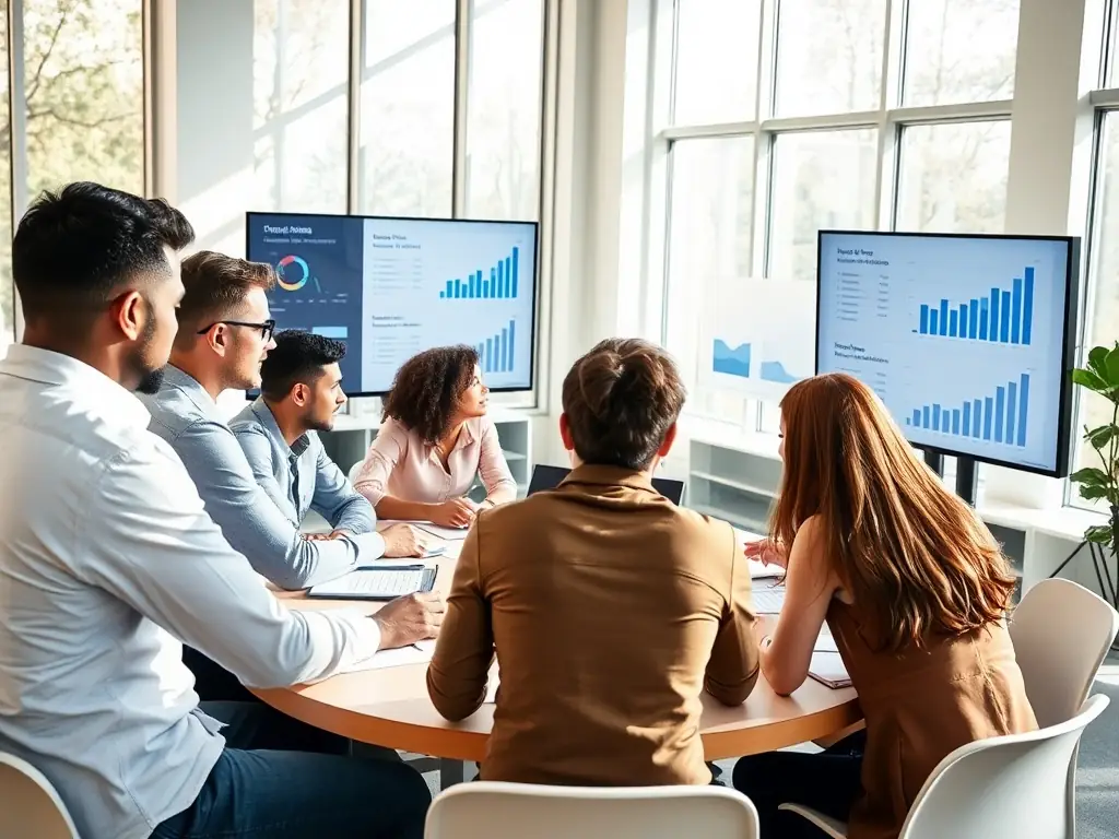 A diverse team brainstorming with charts and graphs in a bright conference room.