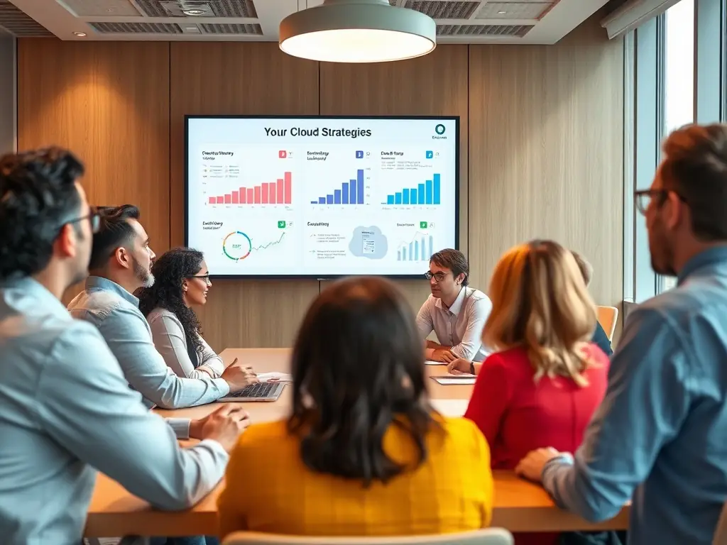 A diverse group of professionals discussing cloud strategies in a modern conference room.