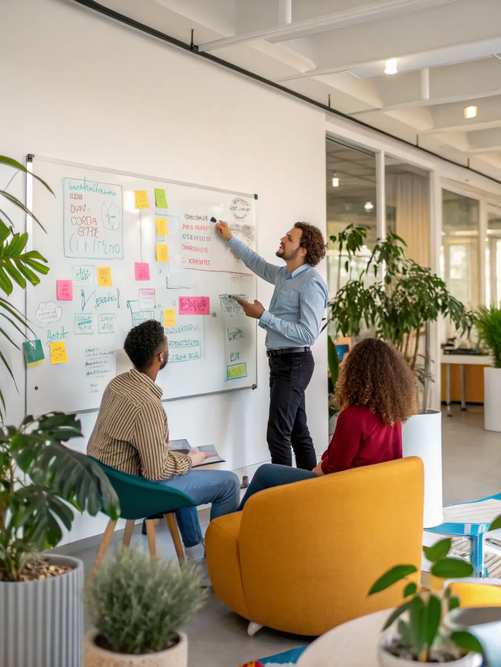 A photograph of a diverse team of consultants brainstorming around a whiteboard filled with cloud computing diagrams and partnership strategies, symbolizing collaborative problem-solving.