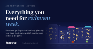 Pixel-art runner on the Las Vegas Strip at night next to the headline “Everything you need for re:Invent week” and the Fractivo logo